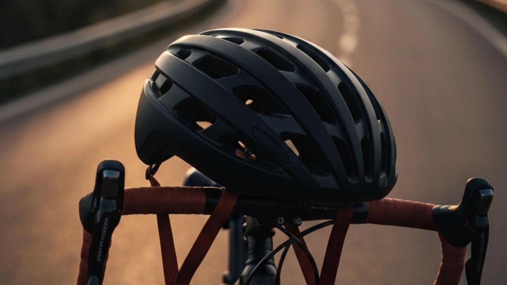 Cykelhjelm hvilende på styr på racercykel i gylden time