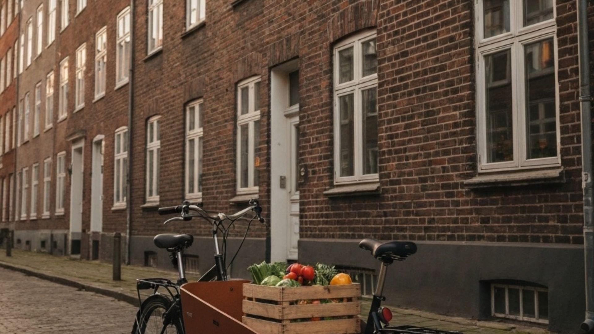 Dansk ladcykel parkeret på Københavnsk beboergade om morgenen
