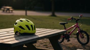Børnehjelm på træbænk ved siden af lille cykel i dansk park