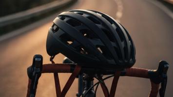 Cykelhjelm hvilende på styr på racercykel i gylden time