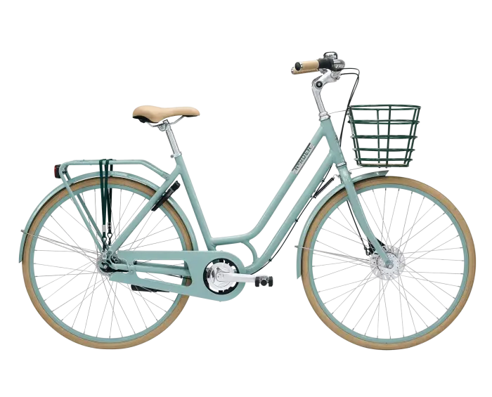 Norden Ellen Damecykel 7G i mintgrøn farve med kurv og retro-design