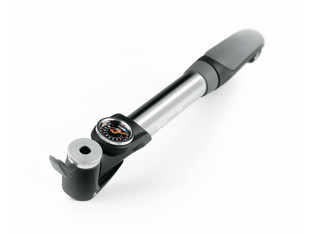 SKS Injex Control minipumpe med manometer — kompakt undtryksbar til cykelposen